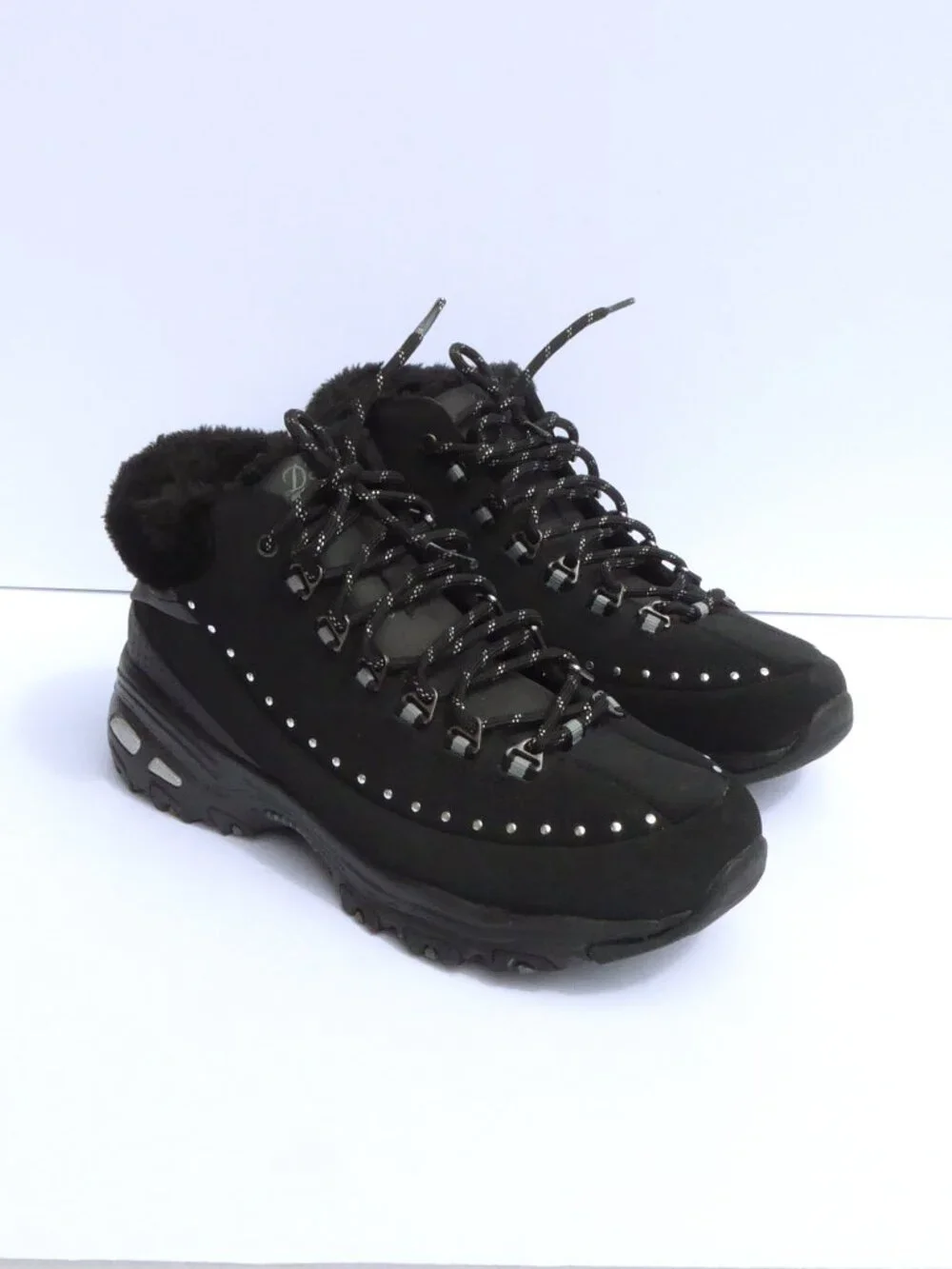 Skechers d'lites black and silver faux fur trim lace up high top sneakers 8.5
